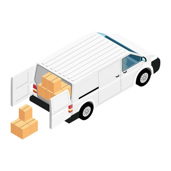 White minivan cargo delivery van deliver cardboard boxes — Stock Vector