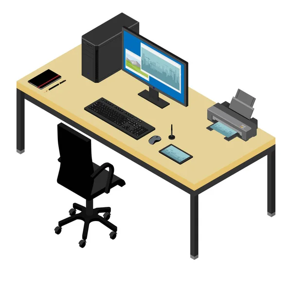 Programmeur freelance bureau et fauteuil de travail. Ordinateur, ordinateur portable, imprimante, tablette graphique, appareil photo et ordinateur portable sur le bureau . — Image vectorielle