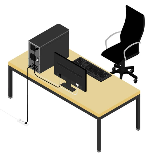 Lieu de travail bureau et chaise de bureau. Ordinateur personnel sur le bureau. Nouvel employé, collègue de l'équipe — Image vectorielle