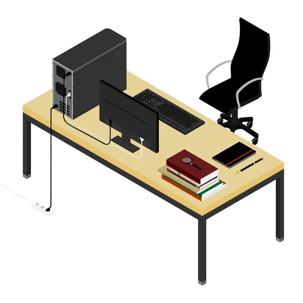 Werkplek Bureau en bureaustoel. Personal computer, stapel boeken, notebook en pen op het Bureau op kantoor. Nieuwe werknemer, medewerker bij het team — Stockvector