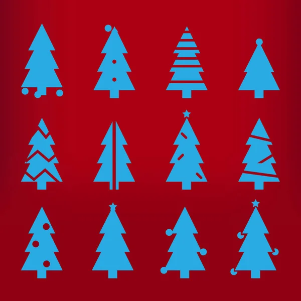 Silhouette bleue arbres de Noël vecteur stylisé symboles simples. Ensemble d'arbres pour Noël et silhouette du Nouvel An isolé sur fond rouge — Image vectorielle