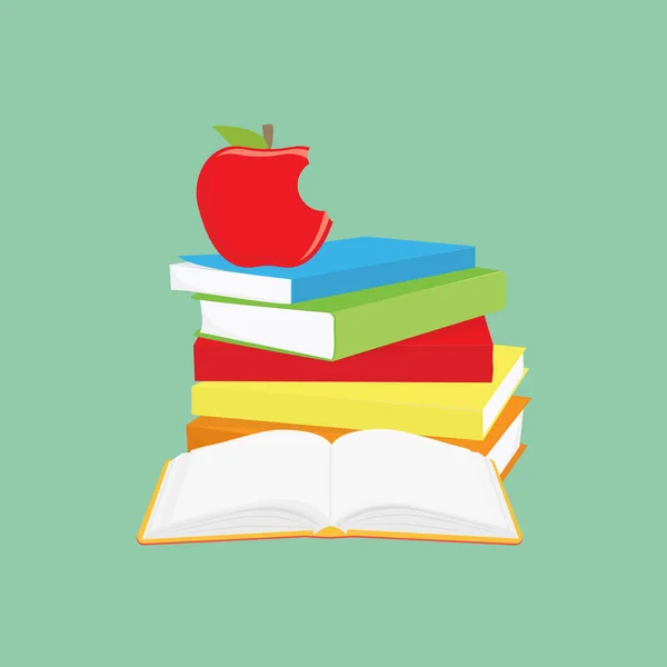 Concepto de lectura, pila de libros y libro abierto. Conocimiento, aprendizaje y diseño educativo — Vector de stock