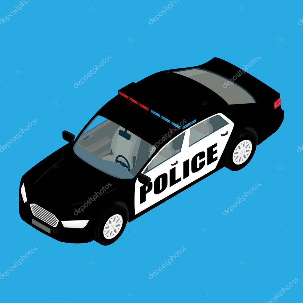 Police car isometric view isolated on blue background. Police transport