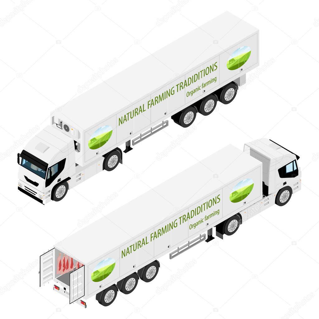 Truck with refrigerated container with company logotype. Meat truck. Natural farming traditions. Organic farming. Back and front isometric view isolated on white background.