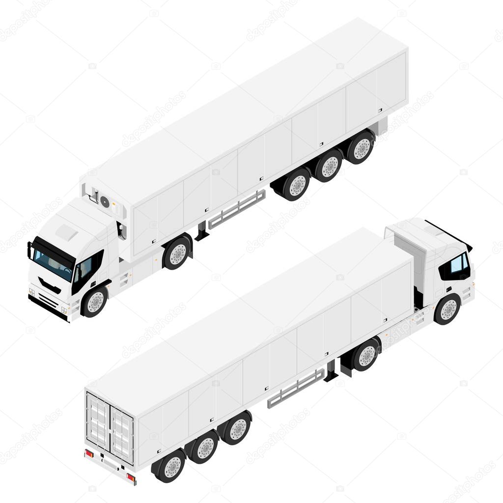 Truck with refrigerated container isometric view isolated on white background. Back and front view