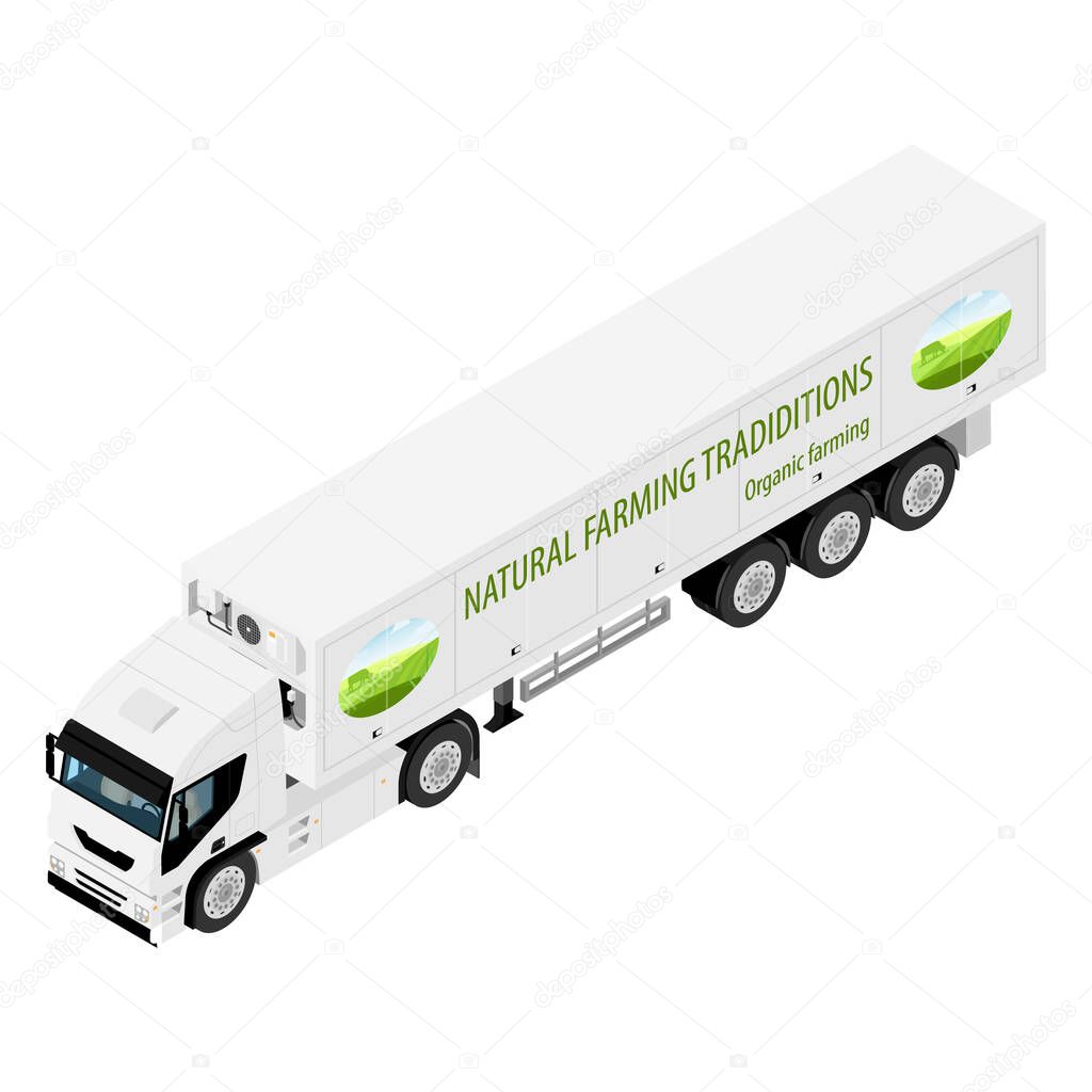 Truck with refrigerated container with company logotype. Front view isometric view isolated on white background.