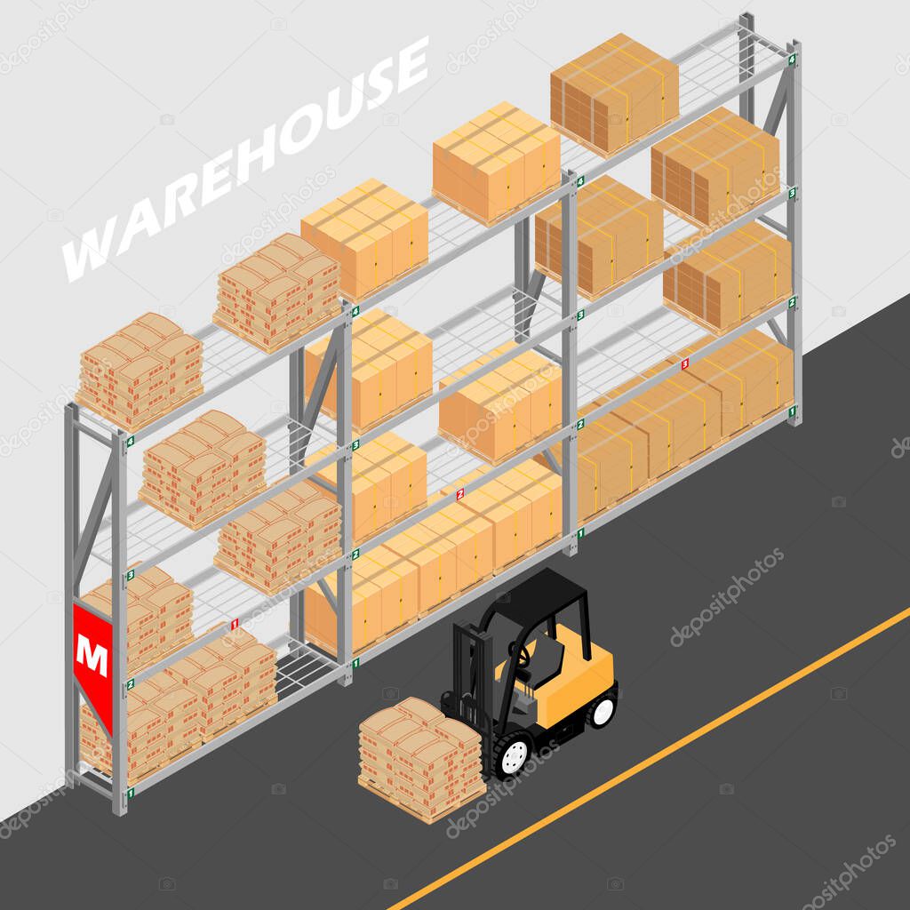 Warehouse interior with shelves, pallets, forklift and boxes.  Logistic Delivery Service Concept 