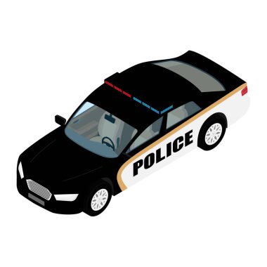 Polis arabasının izometrik görüntüsü mavi arka planda izole edilmiş. Polis taşımacılığı