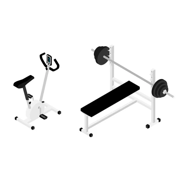 Banco de gimnasio con barra de pesas, bicicleta de gimnasio y bolsa de boxeo aislada sobre fondo blanco vista isométrica. Fitness equipo de gimnasio en casa — Vector de stock