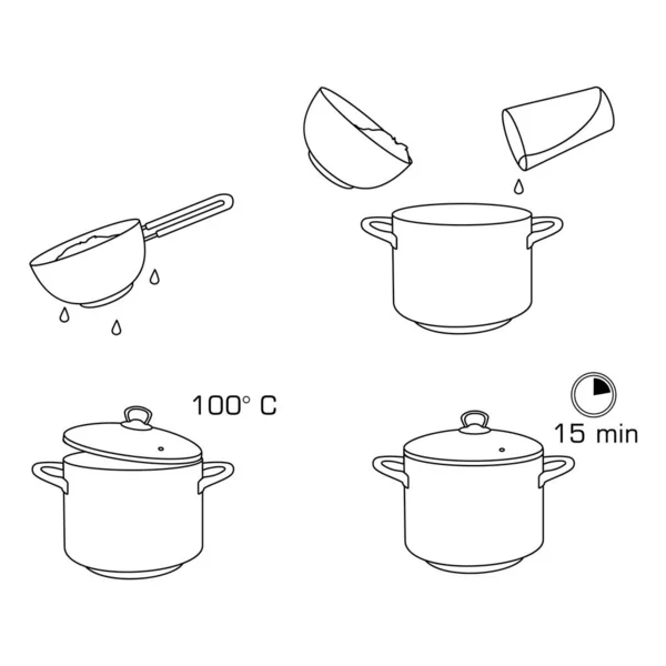 Hogyan kell főzni rizs kevés hozzávalóval egyszerű recept. Utasítás a rizstermelési folyamatról reggelire. Forró tál ízletes ételekkel. — Stock Vector