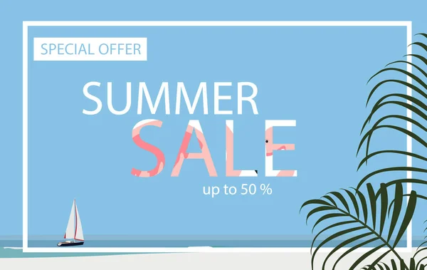 Summer sale banner with flamingo and tropical leaves background, exotic floral design for banner, flyer, invitation, poster, web site or greeting card. — Stock Vector