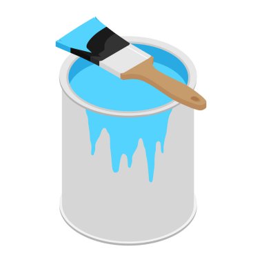 Mavi boyalı metal boya kutusu ve ahşap saplı boya fırçası.