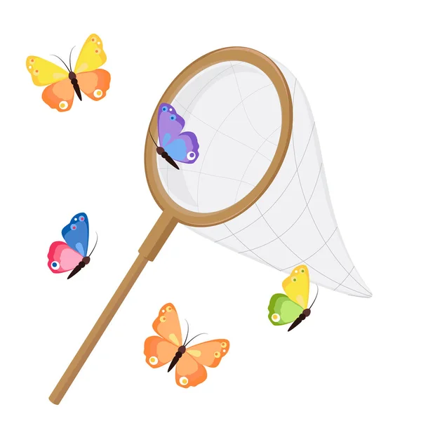 Fjärilsnät Och Färgglada Fjärilar Klassisk Nätdesign Trähandtag Raster Illustration Isolerad — Stockfoto