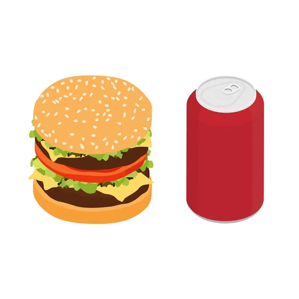 Fast Food Διπλό Burger Και Ποτό Ράστερ Ισομετρική Άποψη — Φωτογραφία Αρχείου