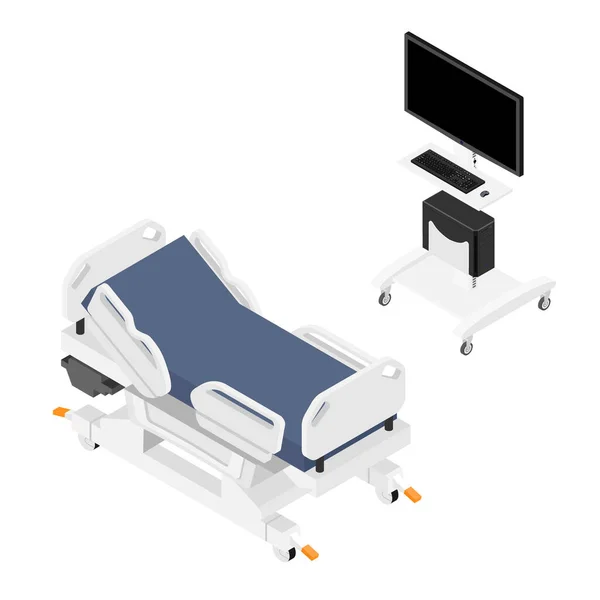 モバイル病院のベッドとモニター 白い背景に隔離されたコンピュータ医療機器のアイソメトリックビュー — ストック写真