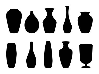 Seramik vazo koleksiyonu. Siyah siluet seramik vazo, beyaz raster çizimine izole edilmiş antika çömlek kapları..