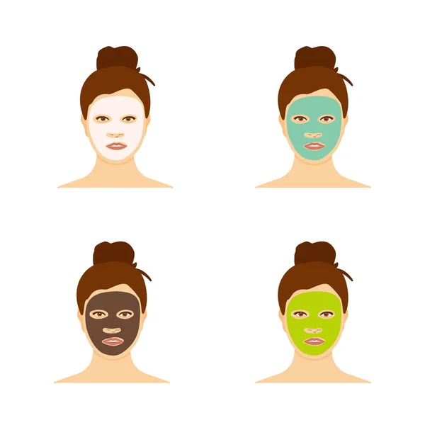 Diferentes Tipos Máscaras Faciales Ilustración Cuidado Piel Cara Chica Bonita — Archivo Imágenes Vectoriales