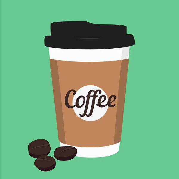 Vector Illustratie Wegwerp Koffiebeker Pictogram Met Koffiebonen Groene Achtergrond Koffiecup — Stockvector