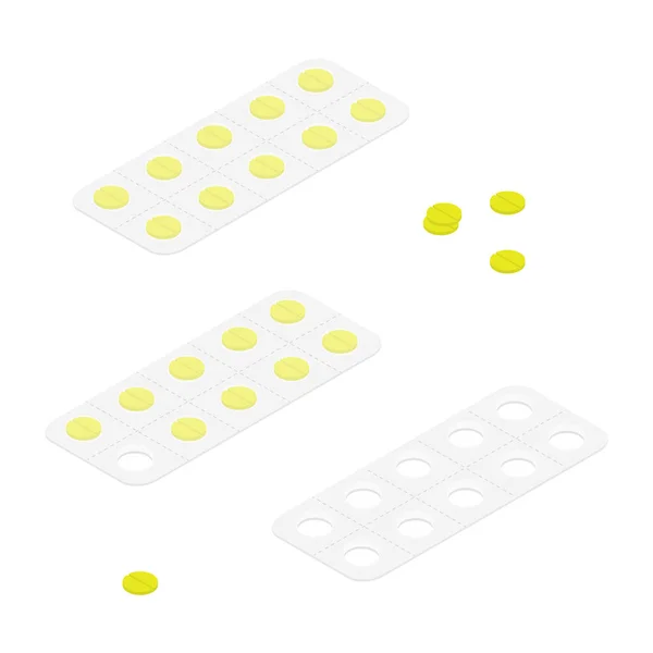Imballaggio Farmaci Antidolorifici Antibiotici Vitamine Compresse Aspirina Set Bolle Icone — Vettoriale Stock