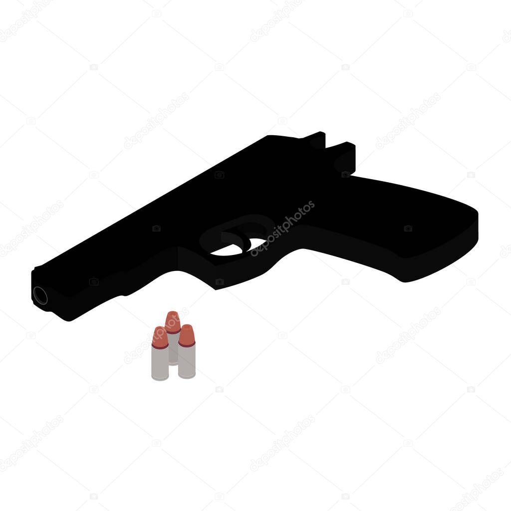 Pistol gun and bullets isometric view isolated on white background. Weapon handgun