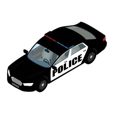 Polis arabasının izometrik görüntüsü beyaz arka planda izole edilmiş. Polis taşımacılığı