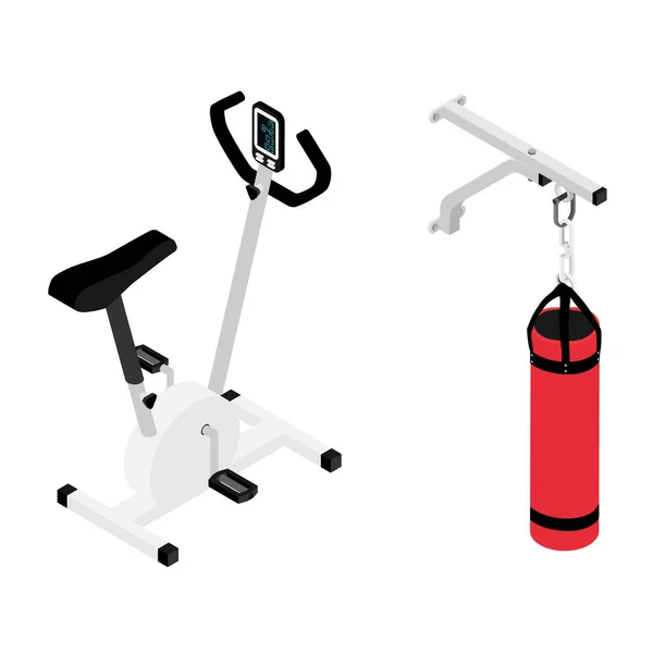 红色拳击袋和健身房自行车等距视图隔离在白色背景 健身家庭健身器材 — 图库照片