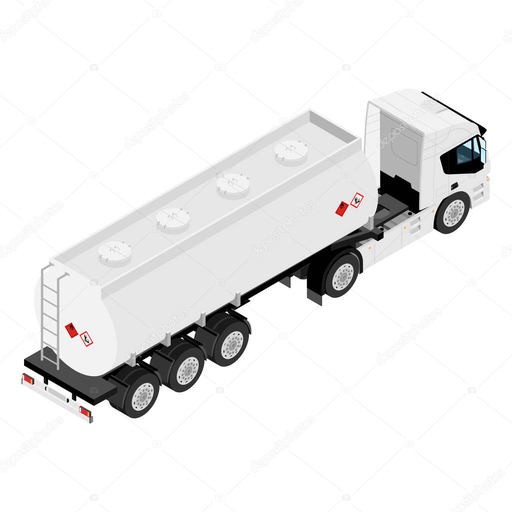 Gasoline tanker or Oil trailer truck isometric view isolated on white background.