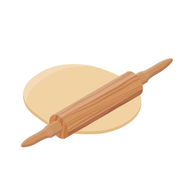 Hamur, merdane ve un izometrik görünüm. Merdane, fırın ve pastaneyle yoğurulan vektör hamuru veya fırın, buğday ve çavdar ekmeği pişirme