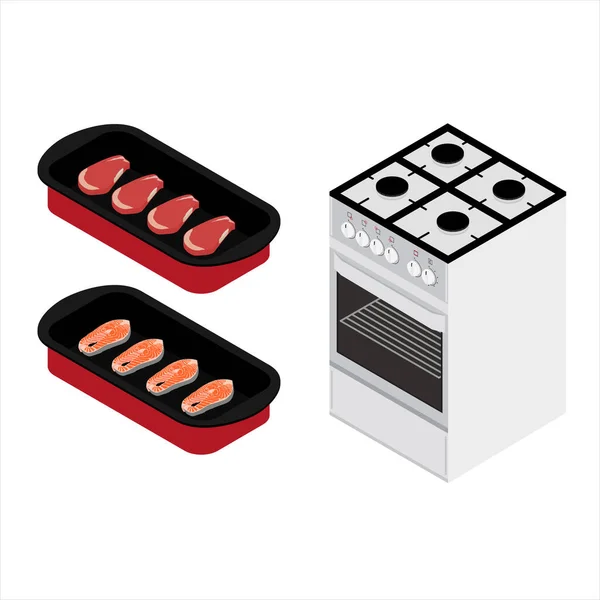 Conjunto Várias Placas Formas Comida Cozinha Fogão Isolado Fundo Branco — Vetor de Stock