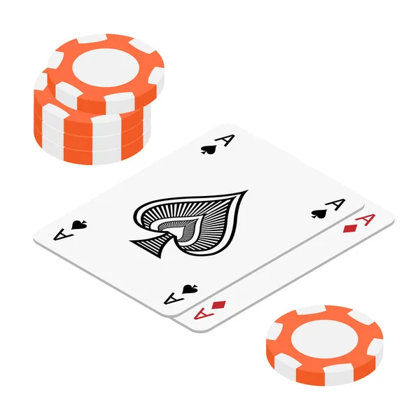 Jugar Las Cartas Fichas Póquer Casino Concepto Sobre Fondo Blanco — Vector de stock