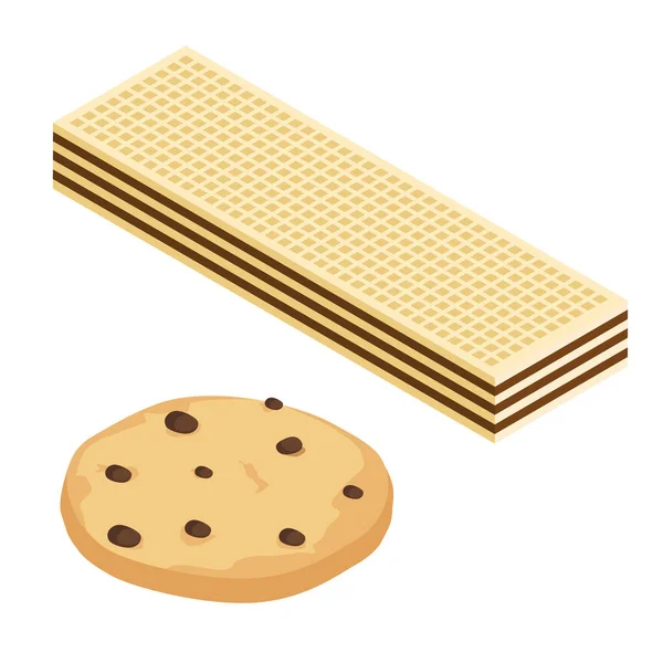 Cookie Keks Und Waffel Isometrische Ansicht Isoliert Auf Weißem Hintergrund — Stockvektor
