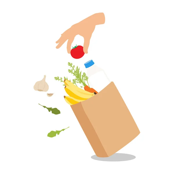 在家中提供食品 全副武装的购物袋 里面有新鲜蔬菜 食品和饮料 环保购物袋 有水果和蔬菜的纸袋 购物矢量概念 — 图库矢量图片