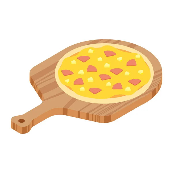 レストランやピザ屋のための木製ボード上のハワイのピザ チーズとおいしい味のピザ 調理されたハム パイナップルとベーコン — ストックベクタ