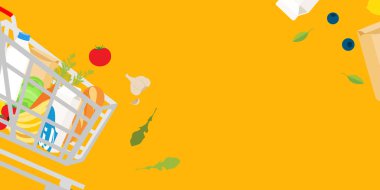 Evde market teslimatı: afiş tasarımı tam alışveriş arabası, taze sebze ve meyve, yiyecek ve içecek dolu kağıt torba. Eko alışveriş çantası. Alışveriş vektörü kavramı