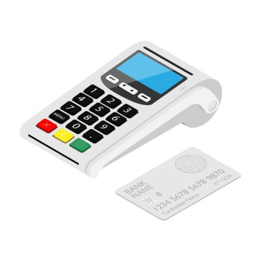 Beyaz arka planda banka kartı olan yeni akıllı POS terminal ödeme makinesi. Banka Ödeme Terminali. Ödeme cihazı işleniyor. İzometrik görünüm