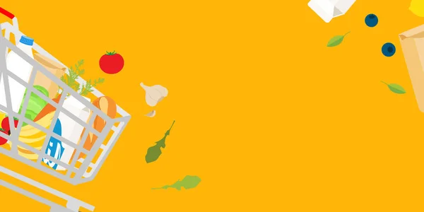 집에서 배달하는 현수막 디자인에 야채와 과일이 음식과 쇼핑백이요 개념의 — 스톡 벡터