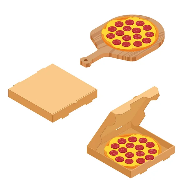 Salami Pizza Wooden Board Cardboard Box Restaurants Pizzerias Delicious Taste — Stock Vector