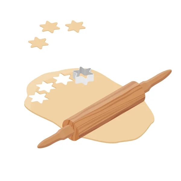 准备面团烘焙饼干金属饼干切割机 滚针和面团 等距视图 — 图库矢量图片