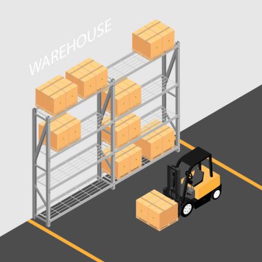 Deponun içinde raflar, paletler, forklift ve kutular var. Lojistik Teslimat Servisi Konsepti