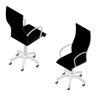 Beyaz arka plan izometrik görünümünde izole modern siyah ofis sandalyesi . Ofis mobilyaları