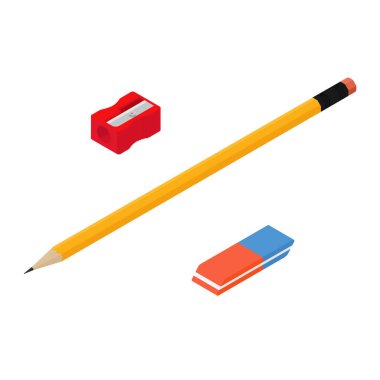 Raster illüstrasyon sarı kurşun kalem, mavi silgi ve kırmızı bileyici beyaz arkaplan izometrik görünümünde izole edilmiş..