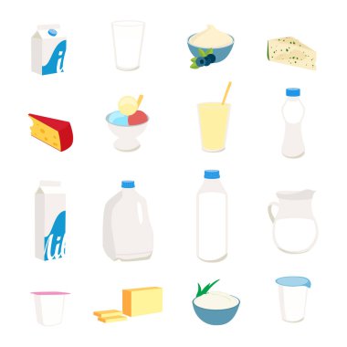 Süt ürünleri koleksiyonu süt, tereyağı, peynir, yoğurt, süzme peynir, ekşi krema, dondurma, krema, beyaz üzerine izole edilmiş..