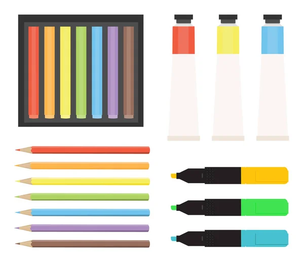 Art Tools Collection Markers Color Pencils Highlighter Crayons Colour Tubes — Stock Photo, Image