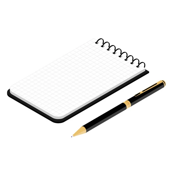 Cuaderno Cuaderno Espiral Vertical Abierto Negro Isométrico Bolígrafo Aislados Sobre — Foto de Stock