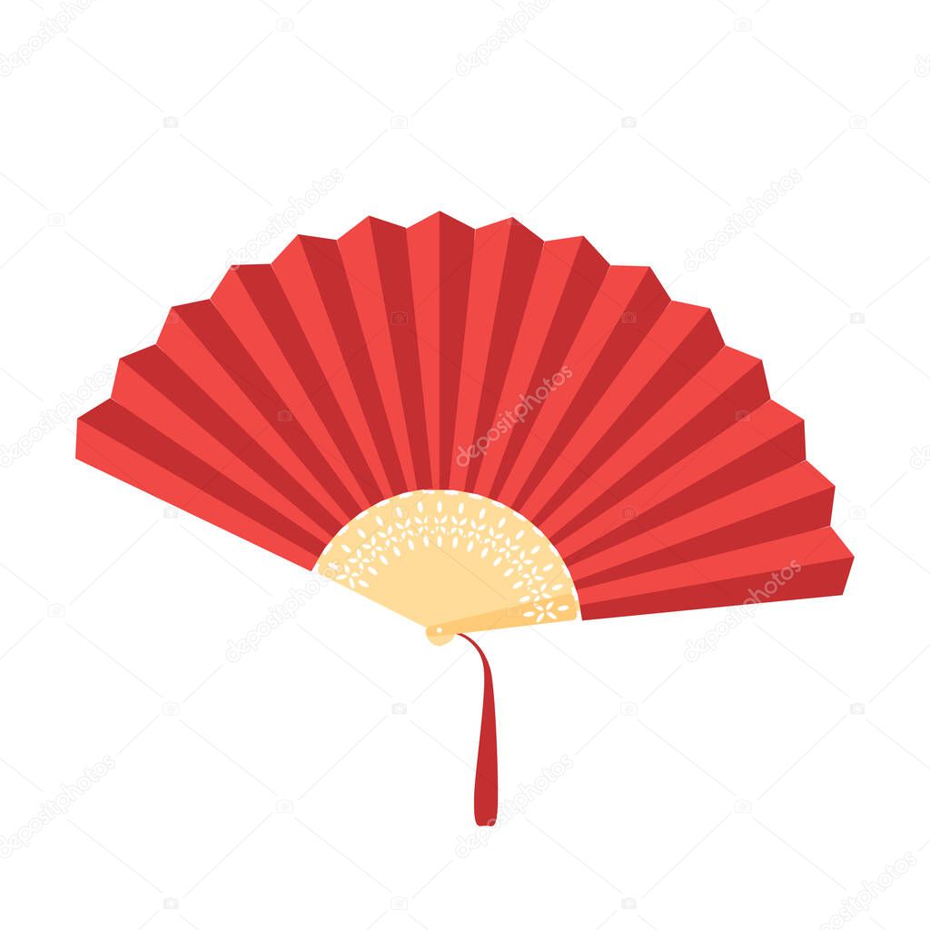 Red chinese folding hand fan raster isolated on white
