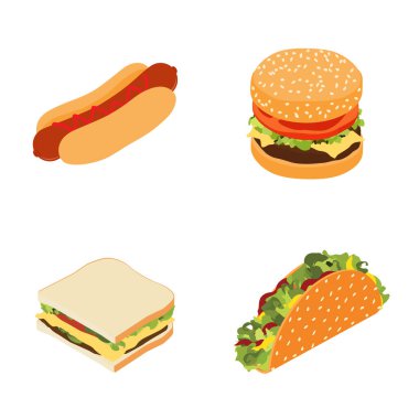 Fast food seti: sosisli sandviç, hamburger veya çizburger ve beyaz arka planda izole edilmiş geleneksel Meksika fast food taco 'su. Isome Manzarası. raster