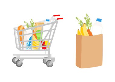 Market tezgahı. Eko alışveriş çantası ve yiyecek dolu alışveriş arabası. Raster süpermarket illüstrasyonu.