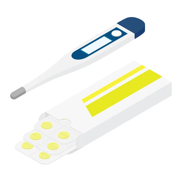 ブリスターパックとデジタル温度計の現実的な薬 アイソメトリックビュー ラスター — ストック写真