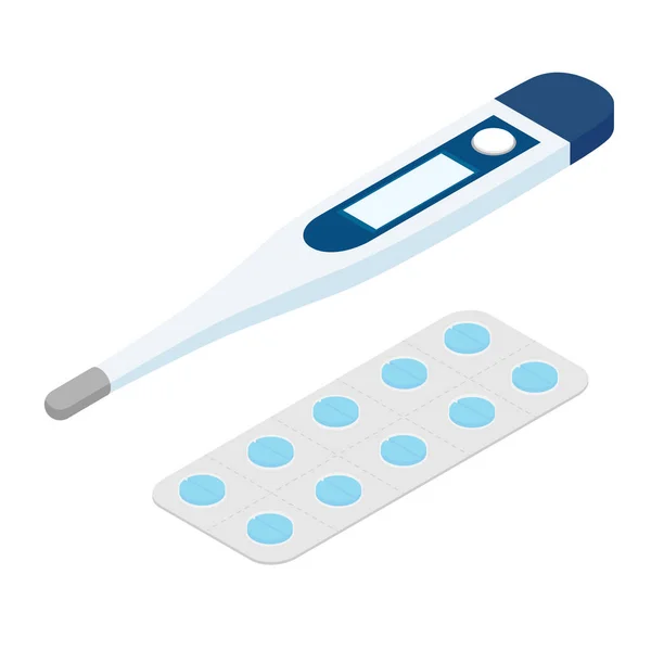 现实的药丸在一个水泡包和数字温度计 等距视图 雷斯特 — 图库照片