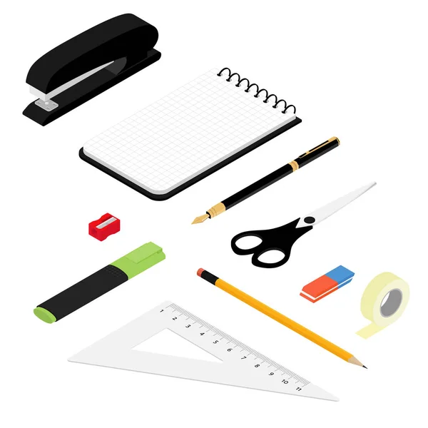 Isometric Office Stationery Set Collection Includes Adhesive Tape Stapler Ruler — Stock Photo, Image